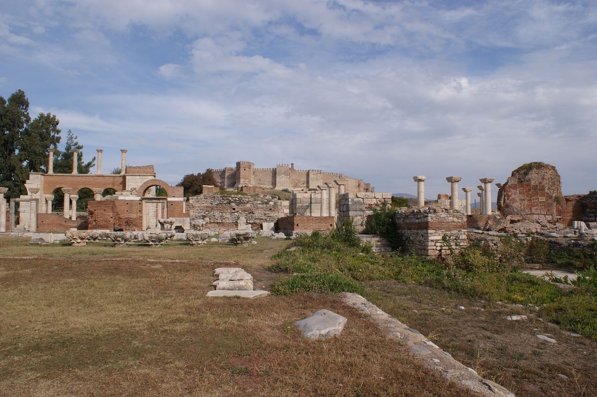 The ruins of the Basilica of Saint John on Ayasuluk Hill, with the walls of the Ayasuluk Fortress on the summit behind