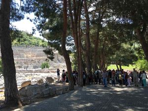 A tour group in the shade of the pines below the Great Theater, on the path to the Lower Gate where most visits of Ephesus end