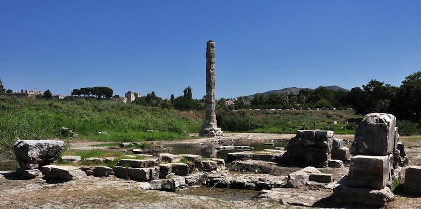 One re-erected column and the flooded foundations of the Temple of Artemis at Selçuk