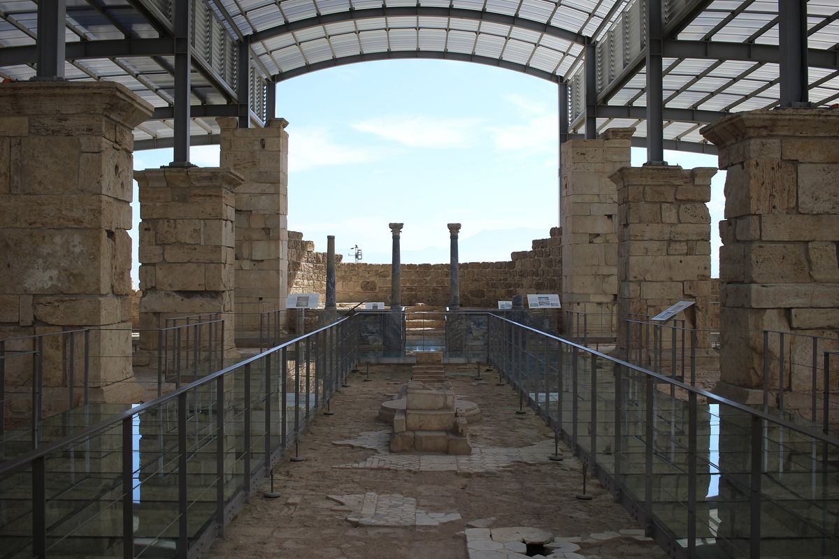 Glass walkways along the nave of the church of Laodicea, under the steel roof that now protects it
