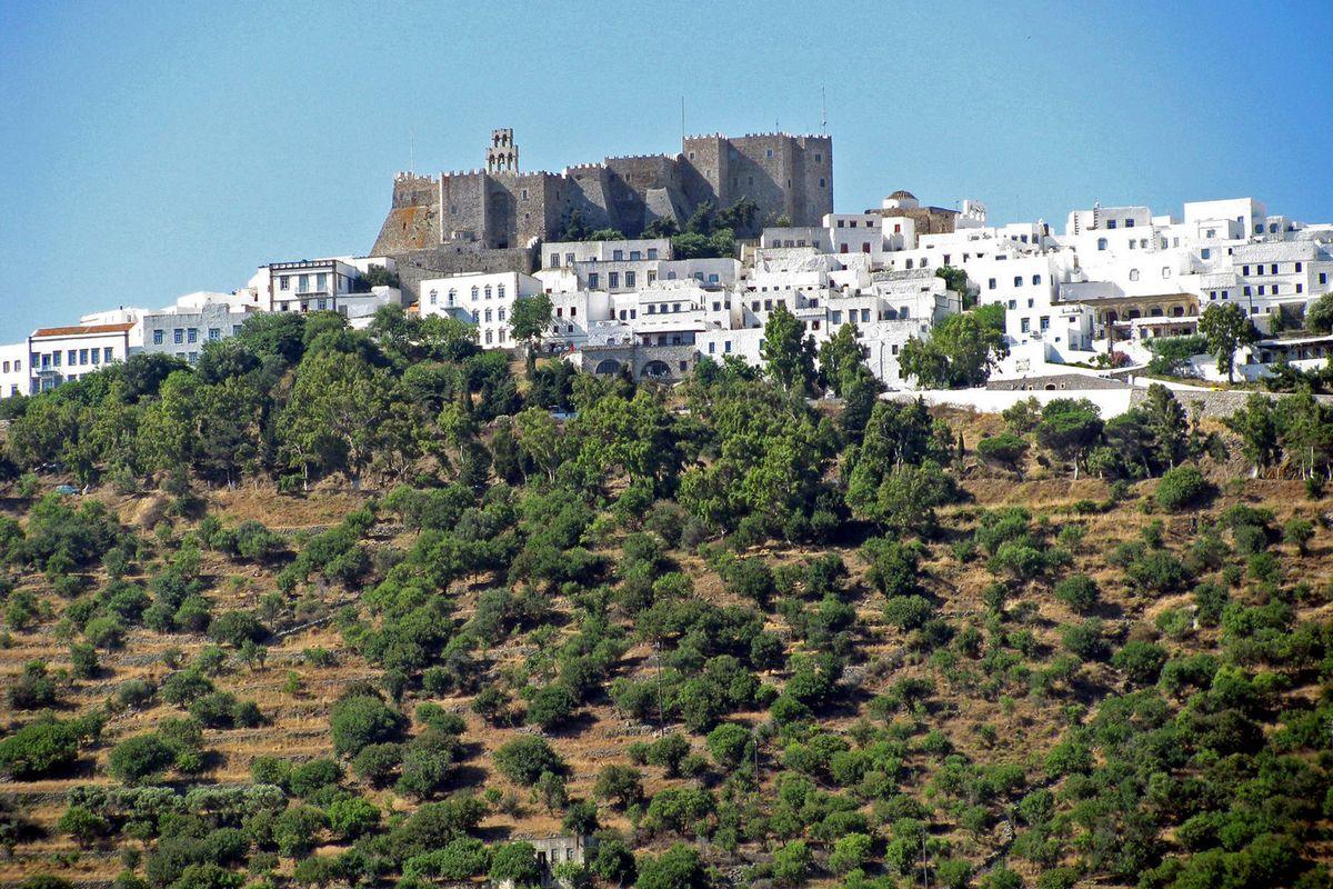 The Monastery of Saint John the Theologian on its hilltop above the white houses of Chora on Patmos