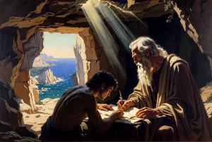 John writing Revelation in exile on Patmos