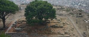 The stepped foundations of the Altar of Zeus on the Pergamon acropolis, with Bergama spread out below