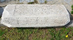 A carved Byzantine marble slab among the ruins of the Basilica of St John at Alaşehir, ancient Philadelphia