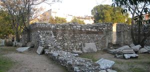 Banded stone-and-brick walls standing in the church ruins of Thyatira at Akhisar